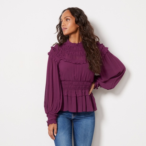 FARM RIO Burgundy Ruffle High Neck Blouse NWOT S - Picture 4 of 15